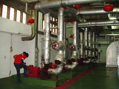 Auditor inspecting insulated chilled water pumps and piping in a plant room